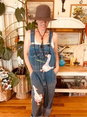 OOAK Vintage Key Eclectic Grandpa Upcycle Overalls Quilted Goose